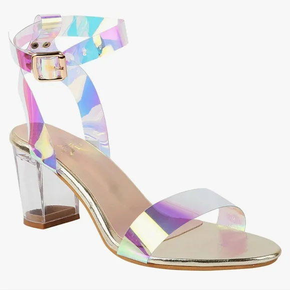Iridescent Block Heel Sandals Transparent Laser Evening Party - Picture 2 of 9